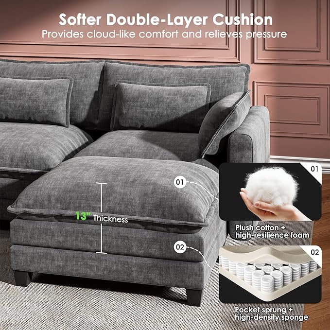 Marsail Modular Sectional Sofa 110.6" U-Shaped Modern Comfy Cloud Couch, 5-Seat Chenille Deep Seat Sofa with Throw Pillow & Movable Ottoman for Living Room, Bedroom and Apartment, Charcoal Gray