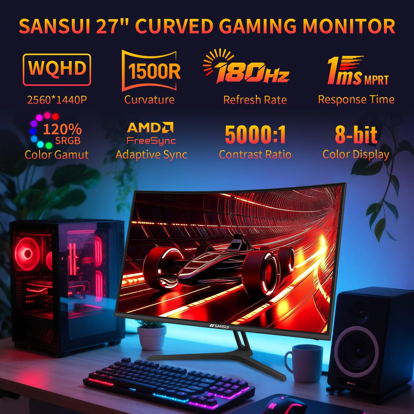 SANSUI 27 Inch WQHD 2560X1440 Curved Gaming Monitor, 180Hz MPRT 1ms Computer Monitor,HDMI2.0 * 2, DP1.2 * 2, Freesync, Curved 1500R, 5000:1 Contrast Ratio, 120% sRGB,HDR(ES-G27C1Q DP Cable Included)