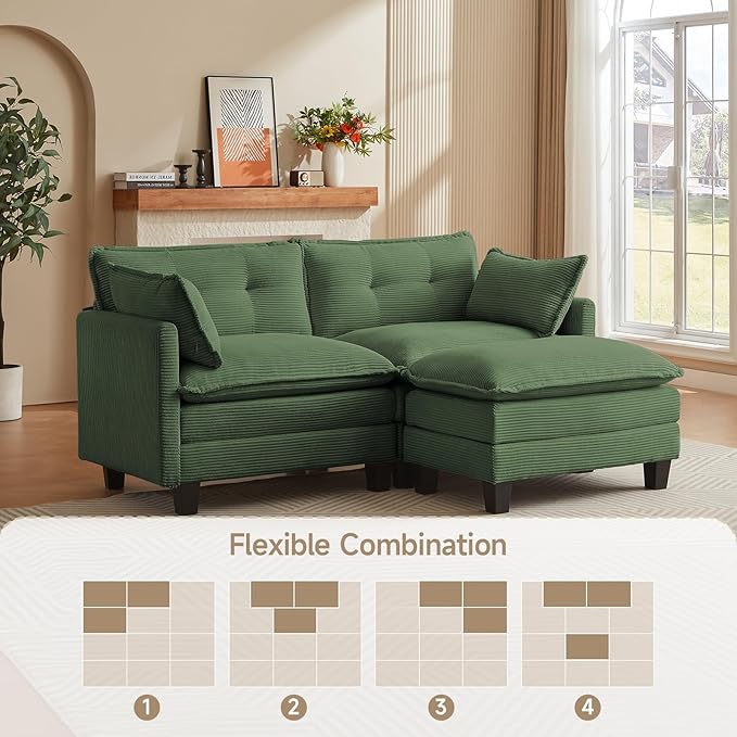 Amsleekey Modular Sectional Sofa, 76.5" L-Shaped Corduroy Comfy Sectional Couches for Living Room, 2-Seater Cloud Couches with 1 Movable Ottoman, Flexible Combination Modern Deep Seat Sofa (Green)