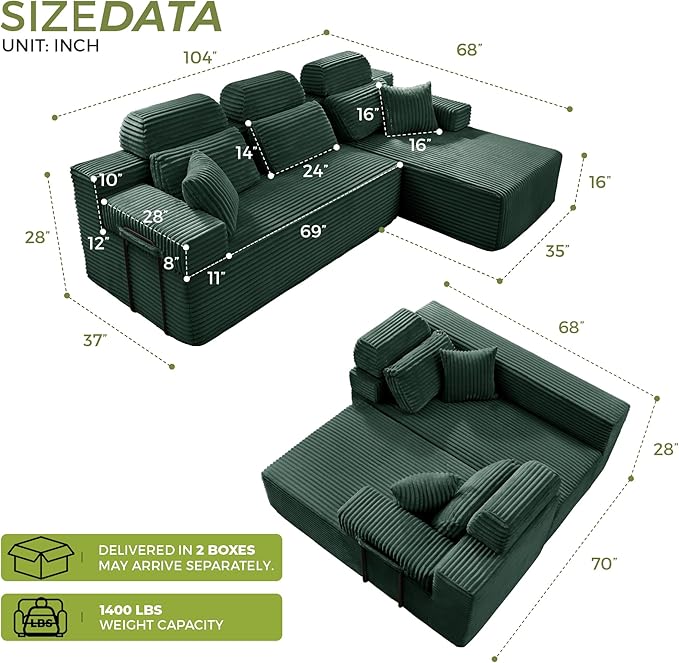 104" L-Shaped Cloud Modular Sectional Sofa with Chaise & Headrest, Boneless Deep Seat Plush Corduroy Couches for Large Living Room, No Assembly Required (Green, 104" L-shapred Chaise)