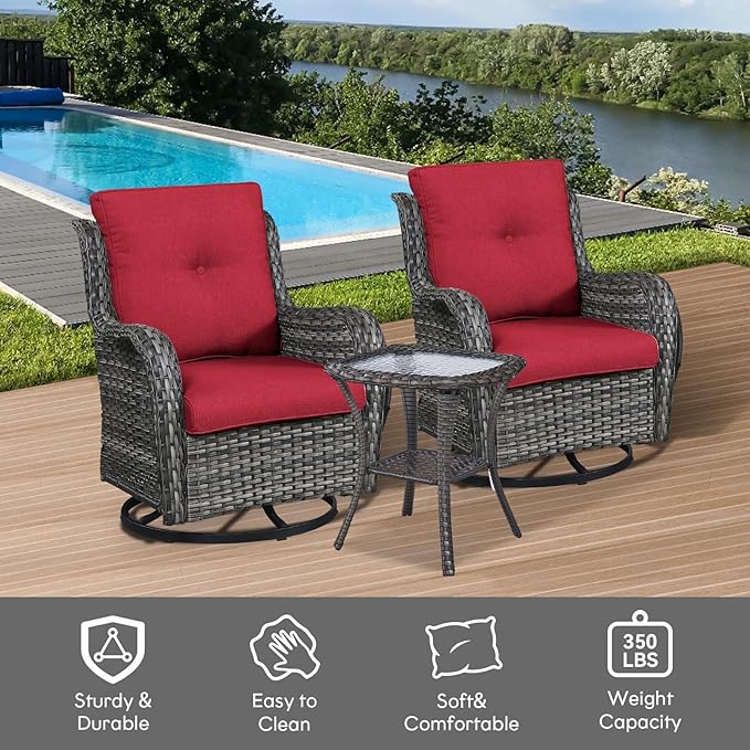 Belord Outdoor Swivel Rocker Wicker Chairs Set of 3, High Back Swivel Patio Chairs Wicker Furniture Set, 2 PCS Rattan Swivel Rocking Chair with Side Table, Red Cushion
