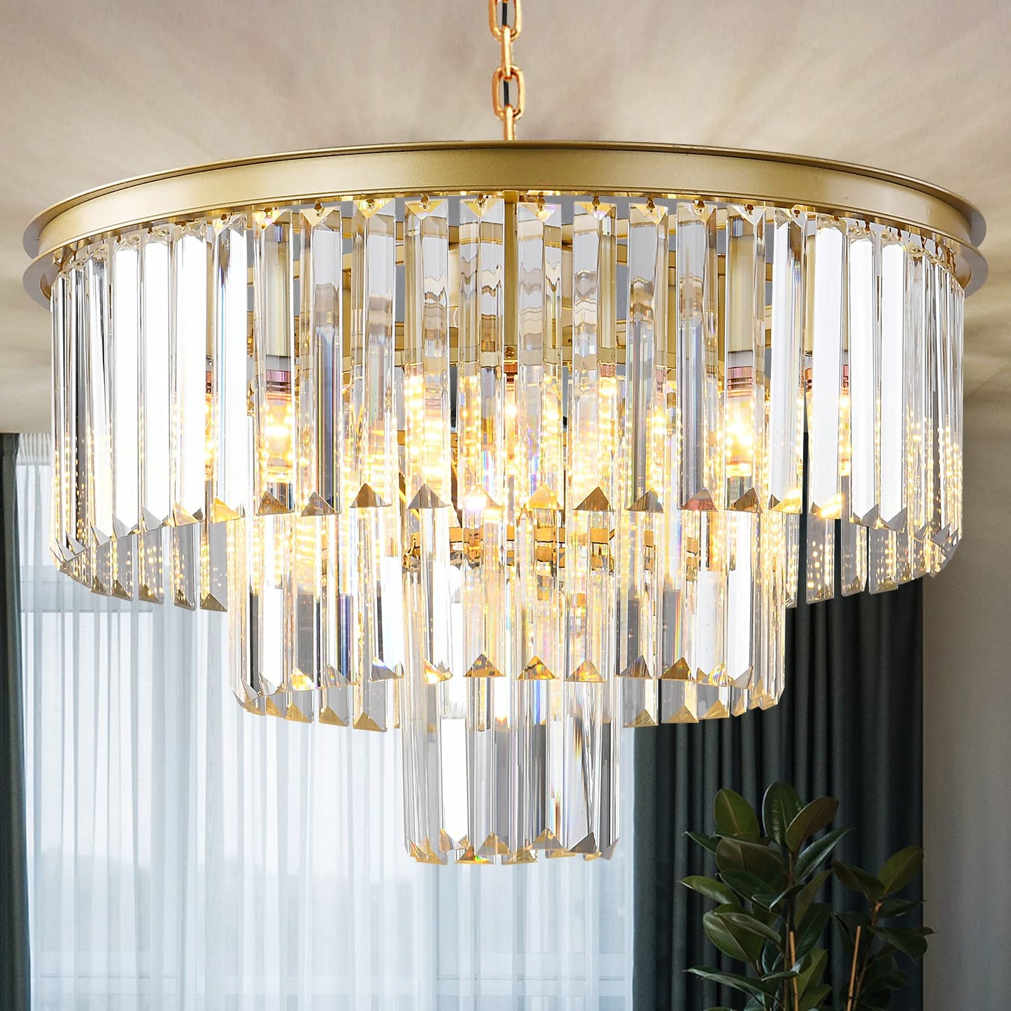 Laiuetai Gold Modern Crystal Chandelier, 3-Tier Round Flush Mount Ceiling Light Fixtures Height Adjustable Pendant Lighting for Dining Room Living Room Bedroom Kitchen Hotel Foyer