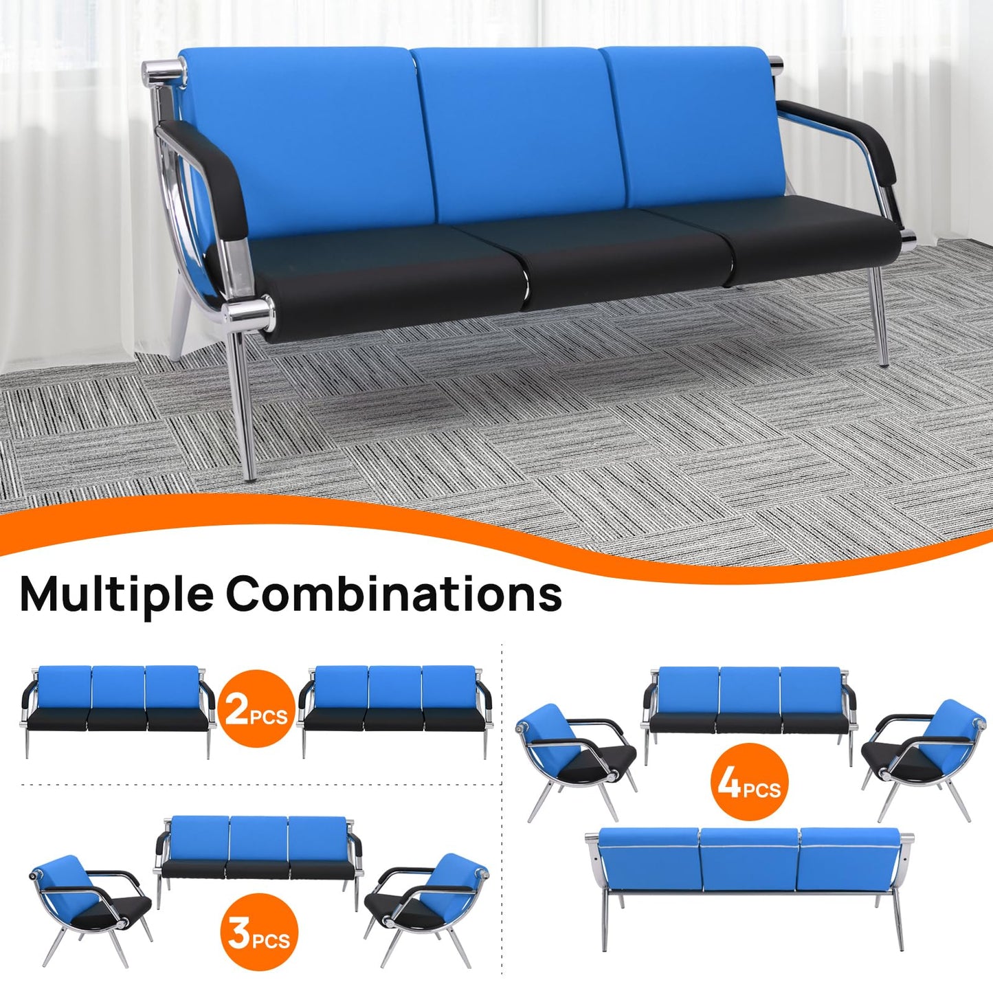 Walmokid Waiting Room Bench with Armrest, PU Leather Office Furniture, Lobby Conference Reception Bench, Office Guest Seating for Clinic,Airport,Hospital,Barber,Salon,Bank (Blue & Black, 3-Seat)