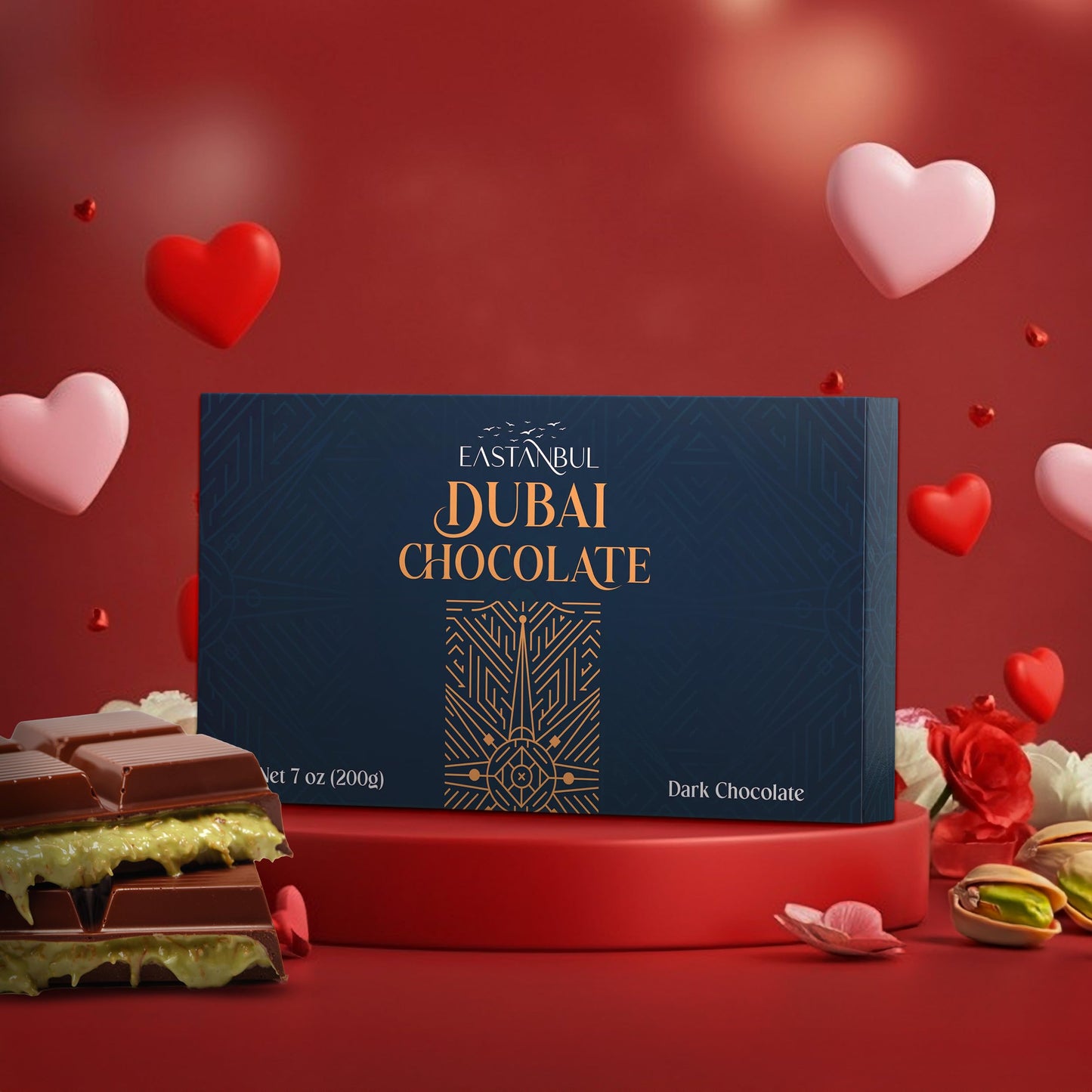Eastanbul Dubai Dark Chocolate Bar Pistachio, 7oz, Premium Belgium Chocolate, Pistachio Dubai Bar, Viral Candy with Shredded Phyllo Dough, Knafeh, Gift Box