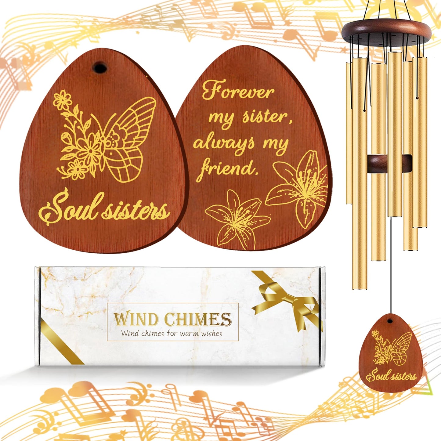 Lintriguingly Sister Birthday Gifts from Sister, Birthday Gifts for Women 26” Wind Chimes with Soul Sister Quote, Unique Sister Gift Idea for Christmas 、Friendship, Sentimental Present for Her