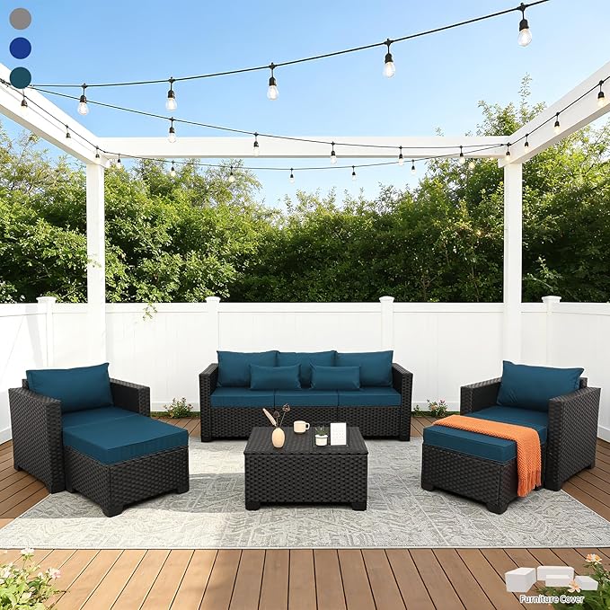 Rattaner Patio Furniture Set 6 Pieces Couch Outdoor Chairs Coffee Table Peacock Blue Anti-Slip Cushions and Waterproof Covers