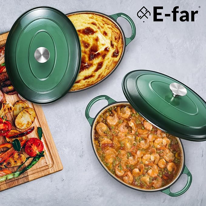 E-far 5QT Oval Dutch Oven Pot with Lid, Enameled Cast Iron Dutch Oven with Dual Handles, Heavy-Duty Cookware for Sourdough Bread Baking, Braising, Stews, Oven Safe & Easy Clean, Dark Green
