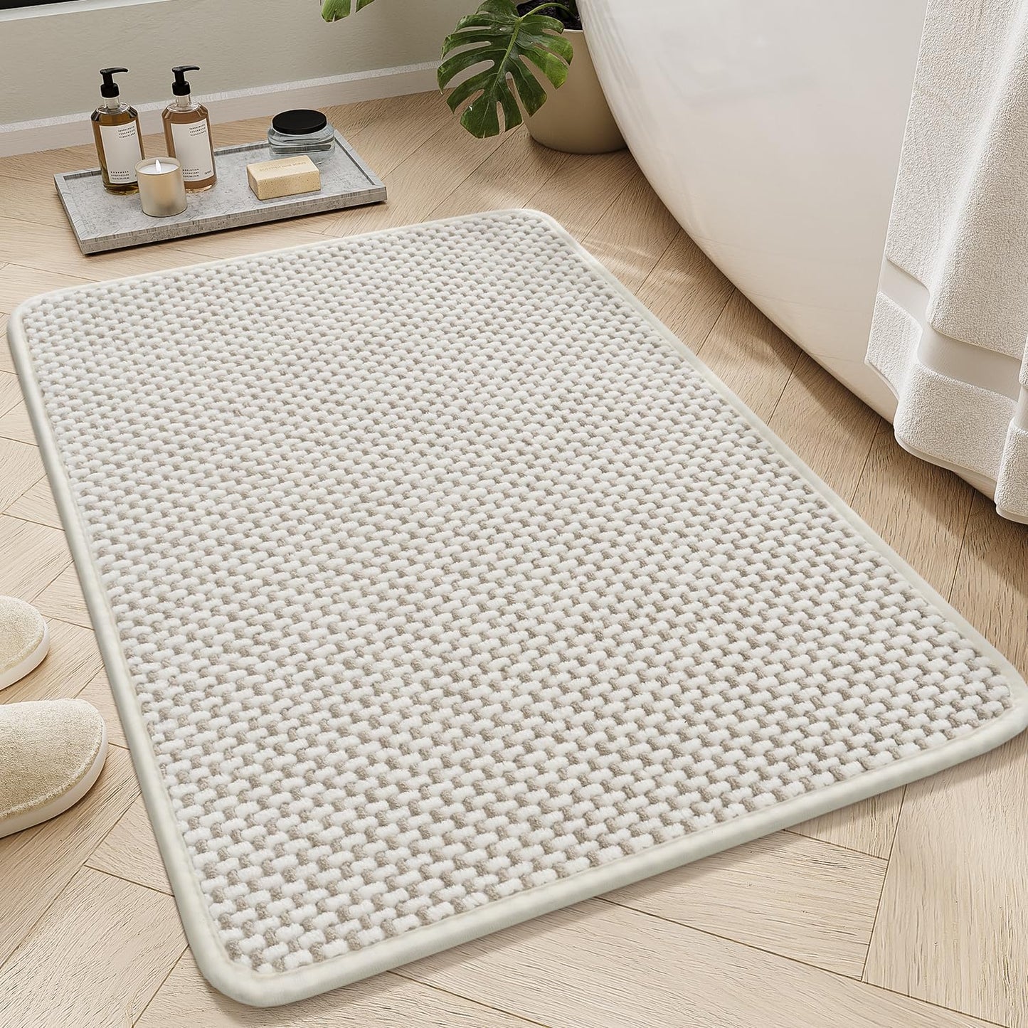AMOAMI Chenille Bath Mat Super Absorbent Bathroom Mat Quick Dry Bath Mats for Bathroom Rubber Backed, Beige& White, 17"x24"