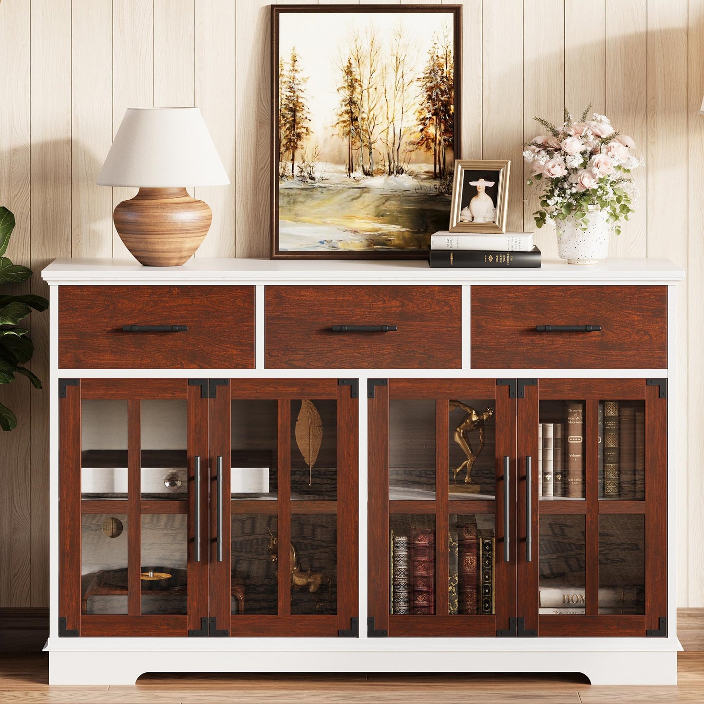 IRONCK Buffet Cabinet with Storage, 55" Large Sideboard Buffet Storage with LED Lights, Farmhouse Coffee Bar Wood Liquor Cabinet for Kitchen, Dining Room, Red Walnut