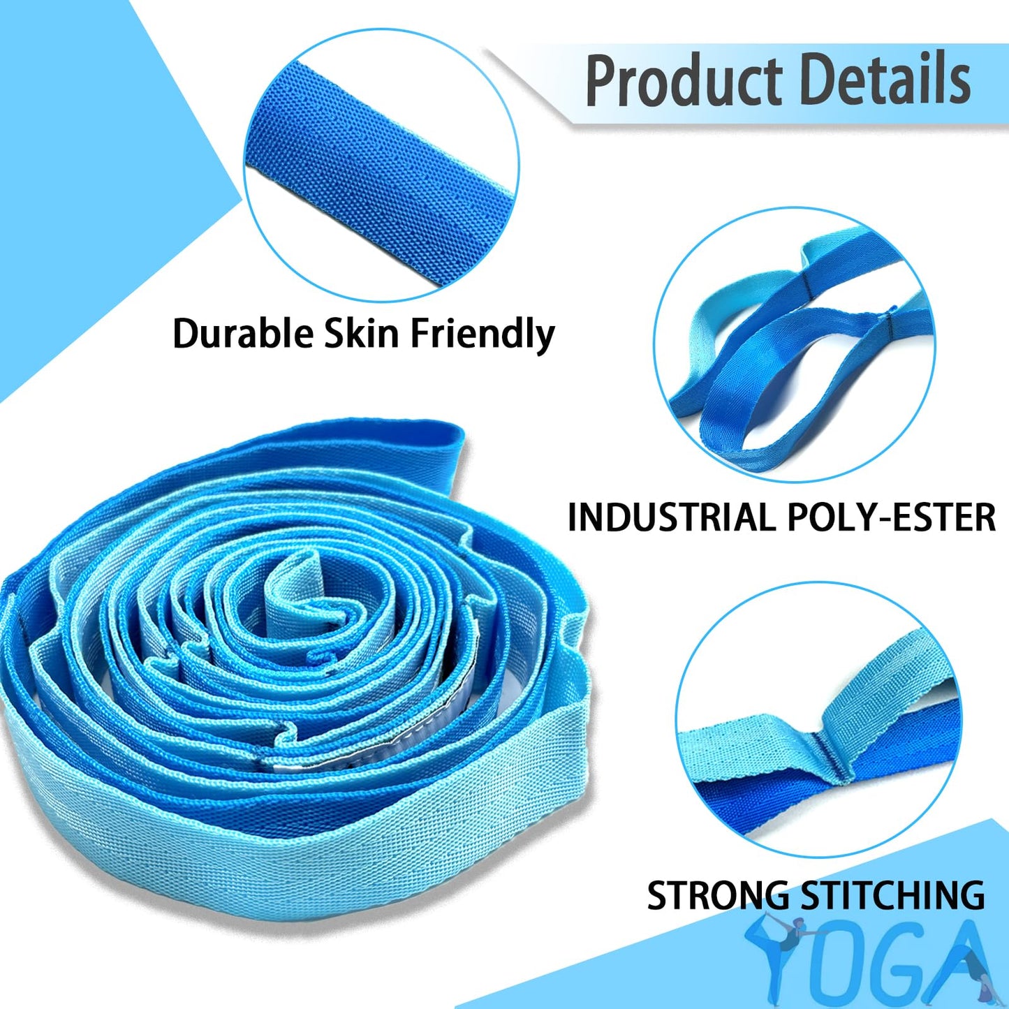 Stretching Strap Yoga Strap with Loops, Stretch Straps for Physical Therapy, Non-Elastic Exercise Strap for Pilates, Dance and Gymnastics with Workout Guide (Black+Blue/Light Blue)