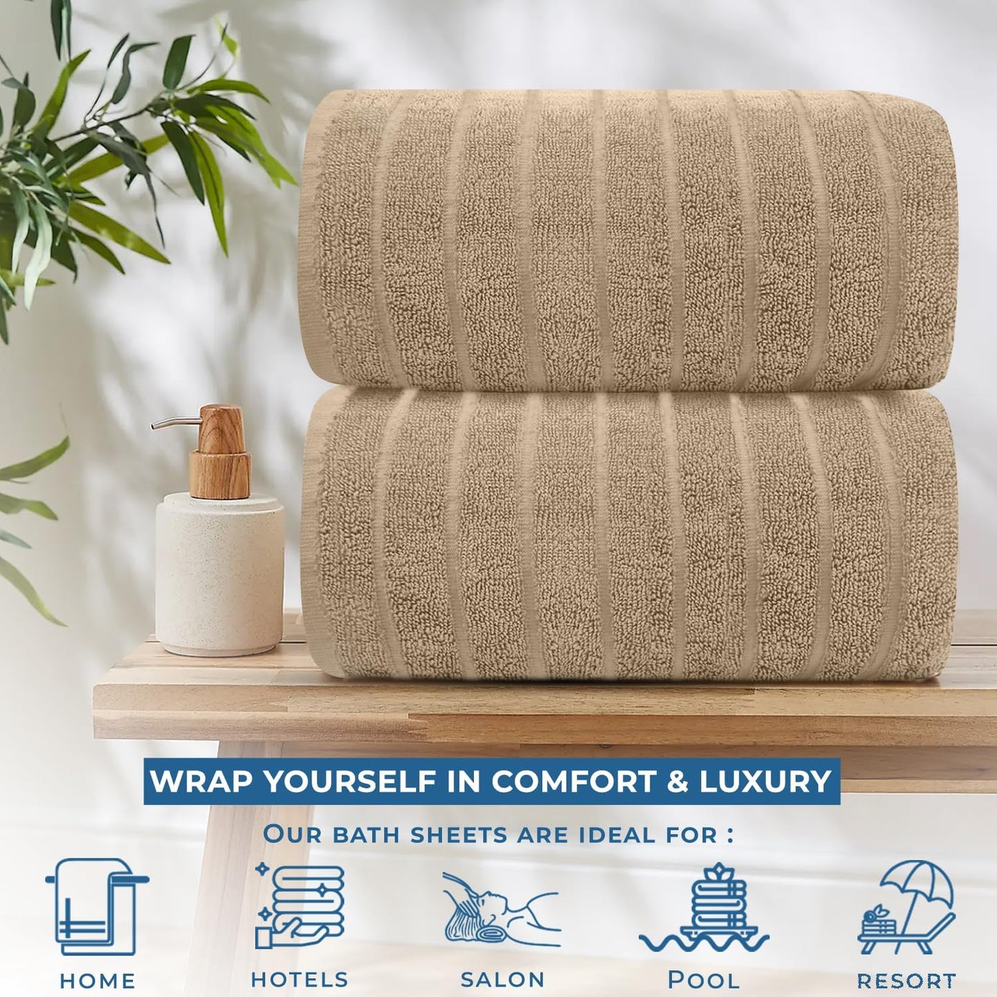 DAN RIVER Pack of 2 Bath Sheet 35x70 Inches, Ribbed Big Towels Oversized Extra Large Bath Towel, Absorbent Organic Cotton Towel - Tan