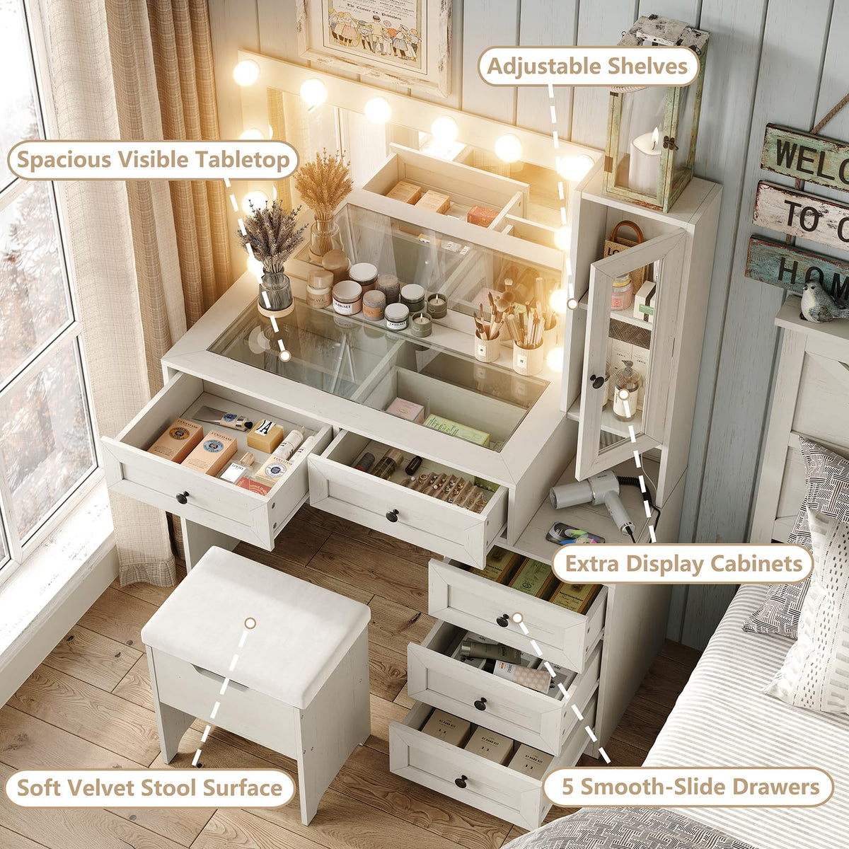 Diwnnue Large Farmhouse Mirror Vanity Desk with LED Bulbs White Makeup Table Set Glass Tabletop for Bedroom Charging Station & Power Outlet Adjustable Light Mode