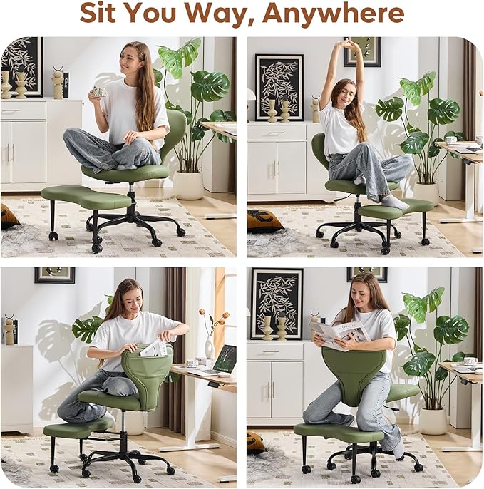 YFO Ergonomic Cross Legged Office Chair and ADHD Meditation Chair with Silent Wheels for Home Office Desk Chair and Yoga, Wider Backrest Support and Storage Pockets Design, PU Leather, Green
