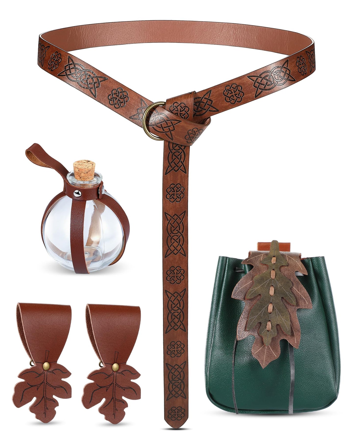 Twistover 6 Pcs Women Renaissance Accessories Leaf Belt Bag Medieval Viking Belt Potion Bottles Leather Skirt Hikes(Green, Brown,Classic)