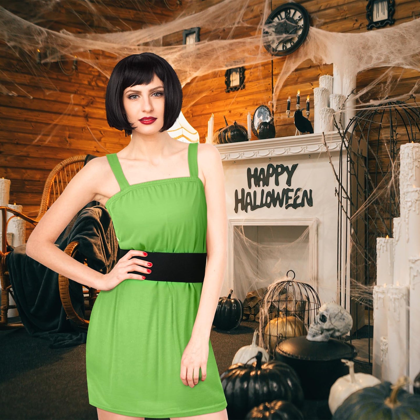 Croloose Women's Power Animated Costume Set Vest Dress Wide Cinch Black Belt Tank Dress for Halloween Party Character Cosplay (Green)