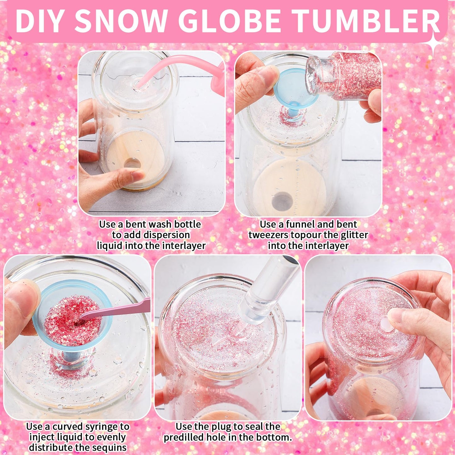 Skylety 9 Pcs Snow Globe Tumbler Supplies for Glitter Snow Globe Kit DIY Glass Cup Gift 16oz Pre Drilled Double Wall Cup with Lid and Straw Squeeze Bottle Funnel Tweezer Bent Syringe(Log Color)
