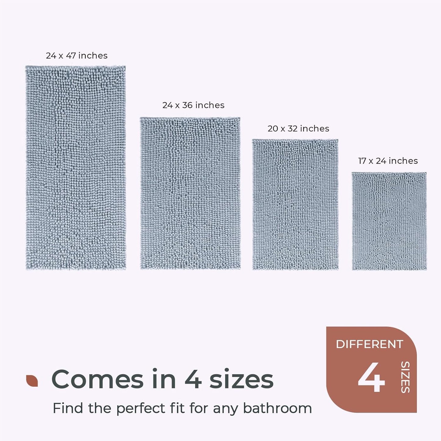 FRESHMINT Chenille Bathroom Rugs Non-Slip Bath Mat 32"x20", Washable Soft Shower Mat, for Bathroom Floor & Tub Fluffy Shag Bath Rugs, Durable Thick Water Absorbent Microfiber Shower Rugs, Sky Gray