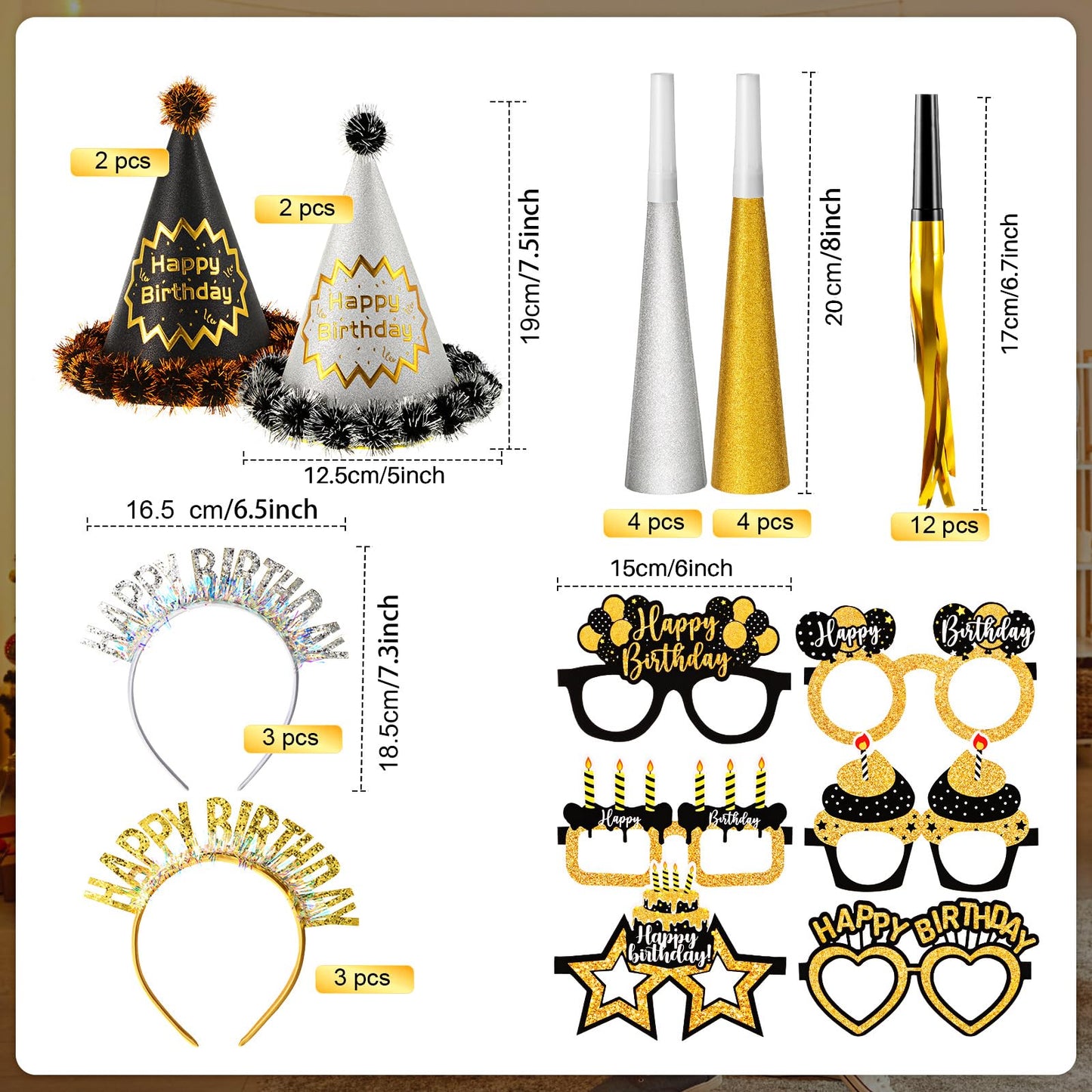 Sratte 36 Pcs Black Gold Style Birthday Party Favors Set Happy Birthday Hat Headband Glasses Noise Makers Party Horns