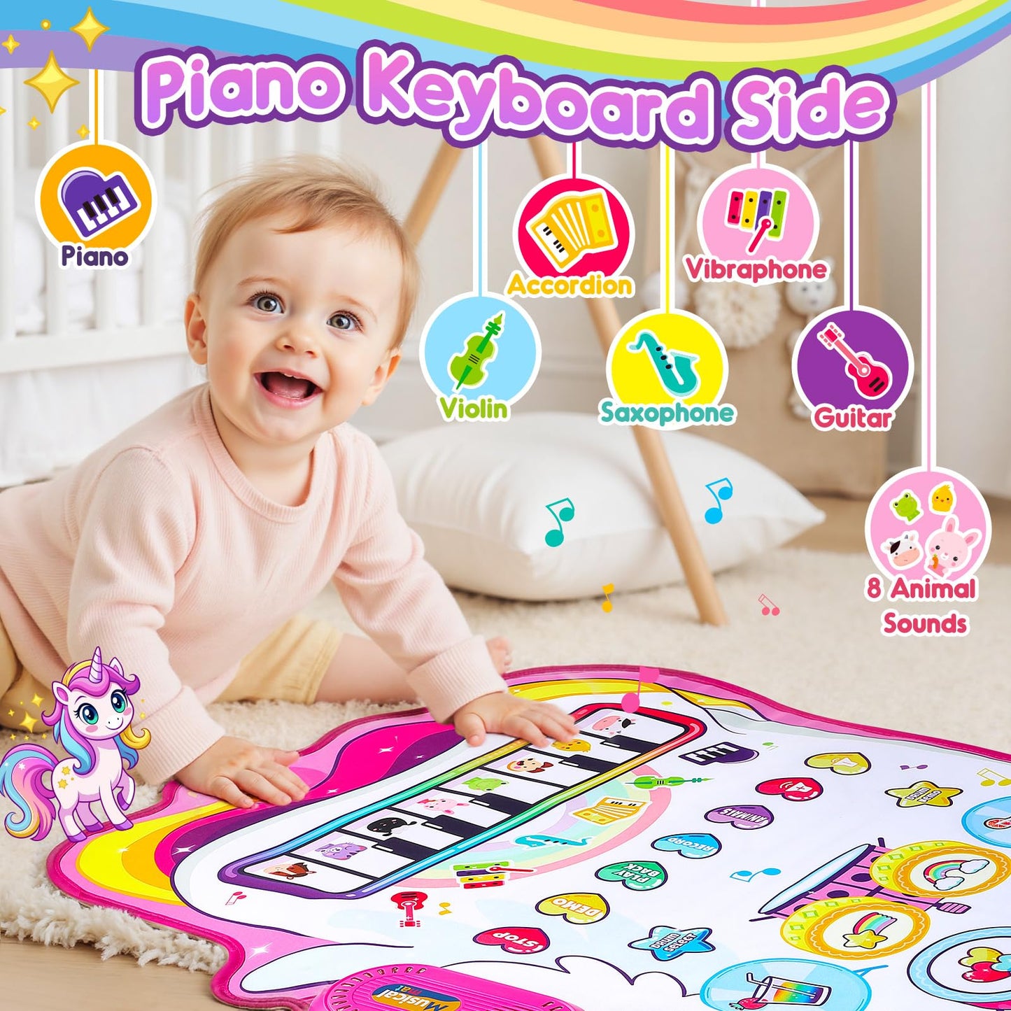 Unicorn Musical Mat for 1 2 3 Year Old Girls, 3 in 1 Piano Drum Mat Unicorn Gifts for 1-3 Year Old Girls, Toddler Toys 1st Birthday Presents for Kids Early Educational Music Toys