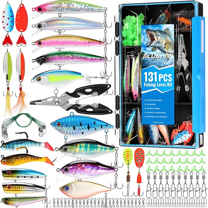 PLUSINNO Fishing Lures Fishing Tackle Box Fishing Gifts for Men, Bass, Trout Fishing Accessories Kit for Saltwater & Fresh...