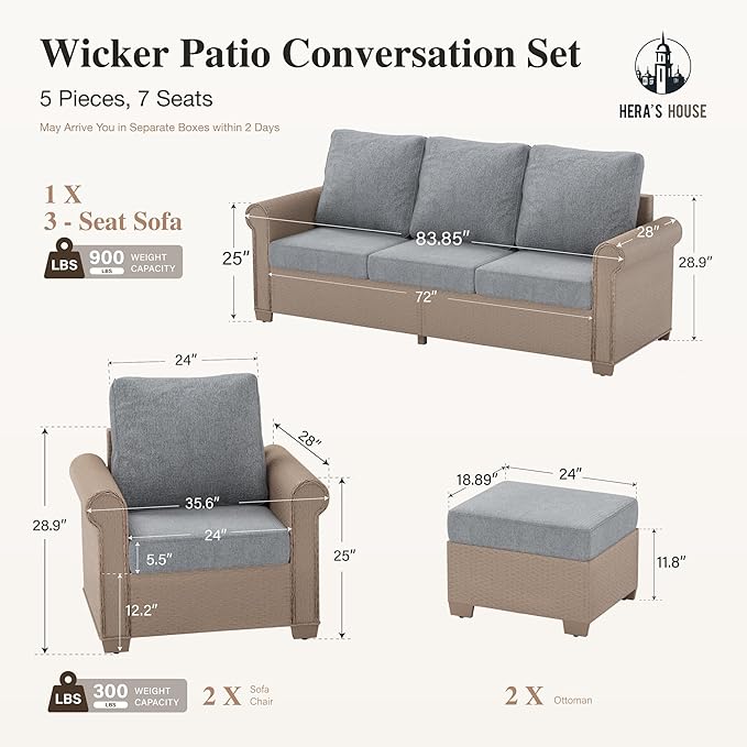 HERA'S HOUSE 5-Piece Patio Furniture Set, All Weather 7 Seats Outdoor Wicker Sofa with Ottomans, Rattan Patio Conversation Set with 5.5" Thick Cushions and 44” Coffee Table, Grey