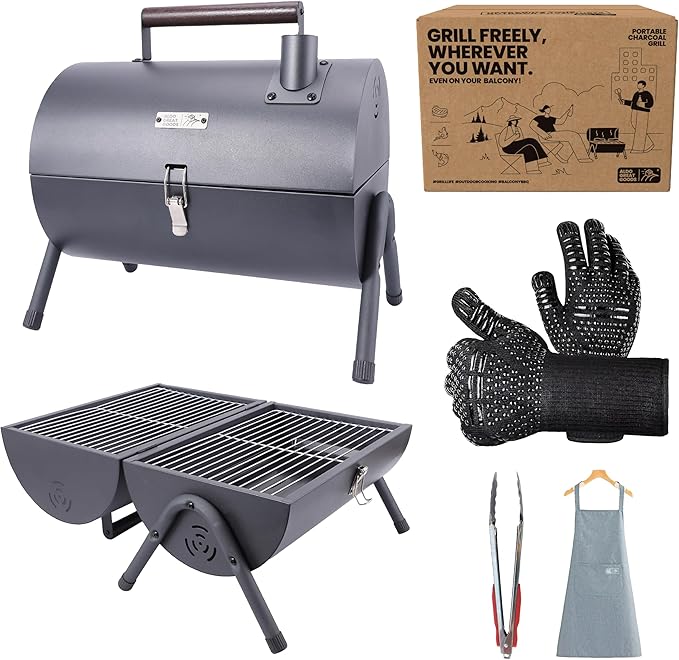 Mini Portable Charcoal Grill & Small Tabletop BBQ - Tailgate Camping Travel Grill for Balcony - Barrel Style w/Griddle & P...