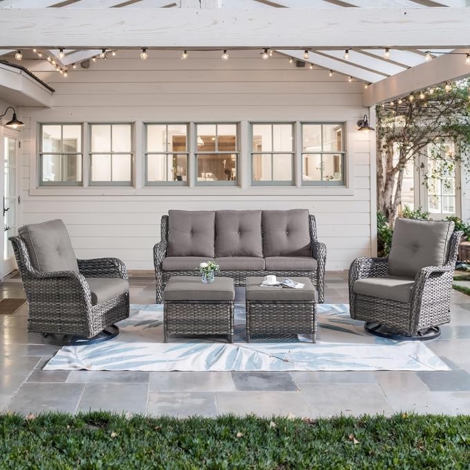 Belord 5 Piece Outdoor Patio Furniture Set - Wicker Furniture Patio Conversation Set, Outdoor Swivel Rocker Chairs with 3-Seater Sofa and 2 Ottomans for Small Space, Gray Cushion