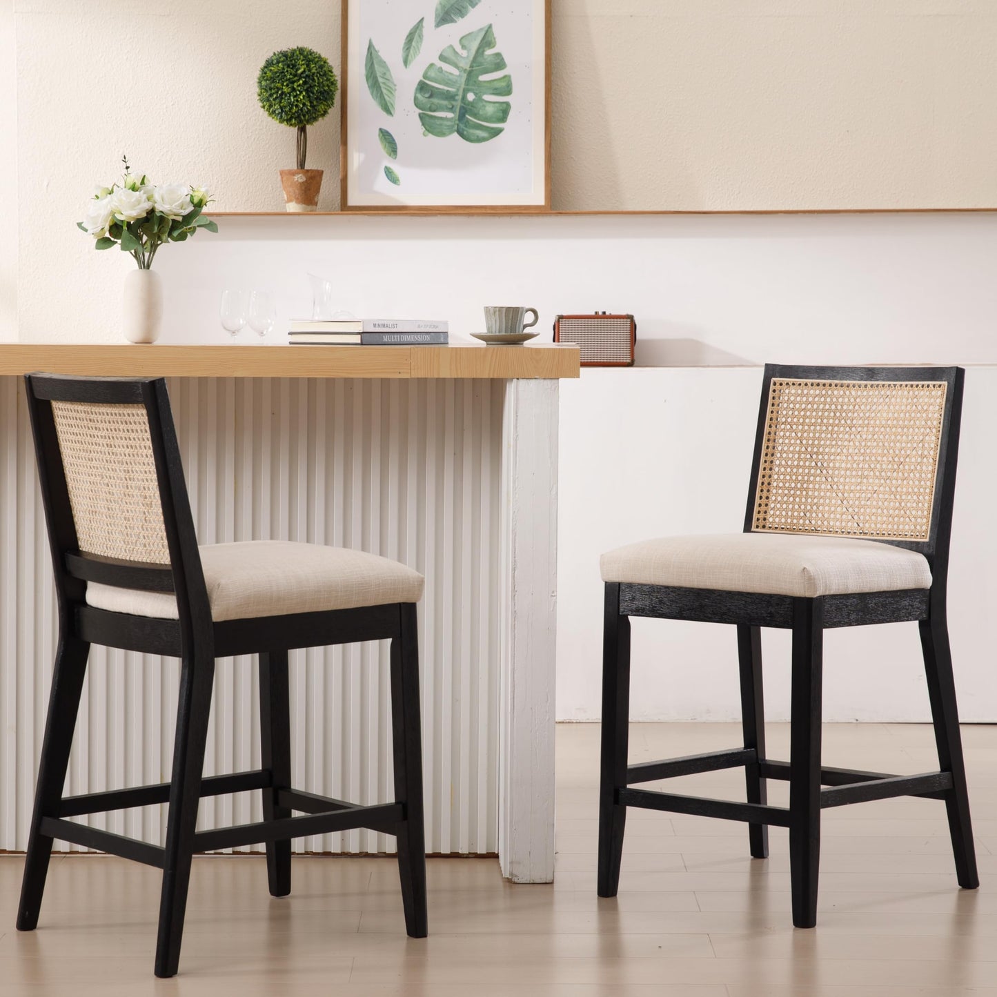 RIVOVA 26.5" Rattan Bar Stools Set of 2 Modern Linen Fabric Upholstered Counter Height Bar Stools, Kitchen Island Barstools with Rattan Back, Black Finish Wood Legs Bar Chairs, Beige