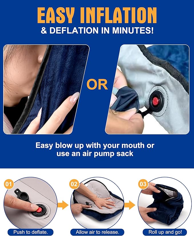 Kampair Ultralight Inflatable Camping Pillow for Sleeping – Soft Velvet Cover, Compact & Portable, Ergonomic Neck Support, Machine Washable Air Pillow, Perfect for Travel, Hiking, Backpacking – Blue