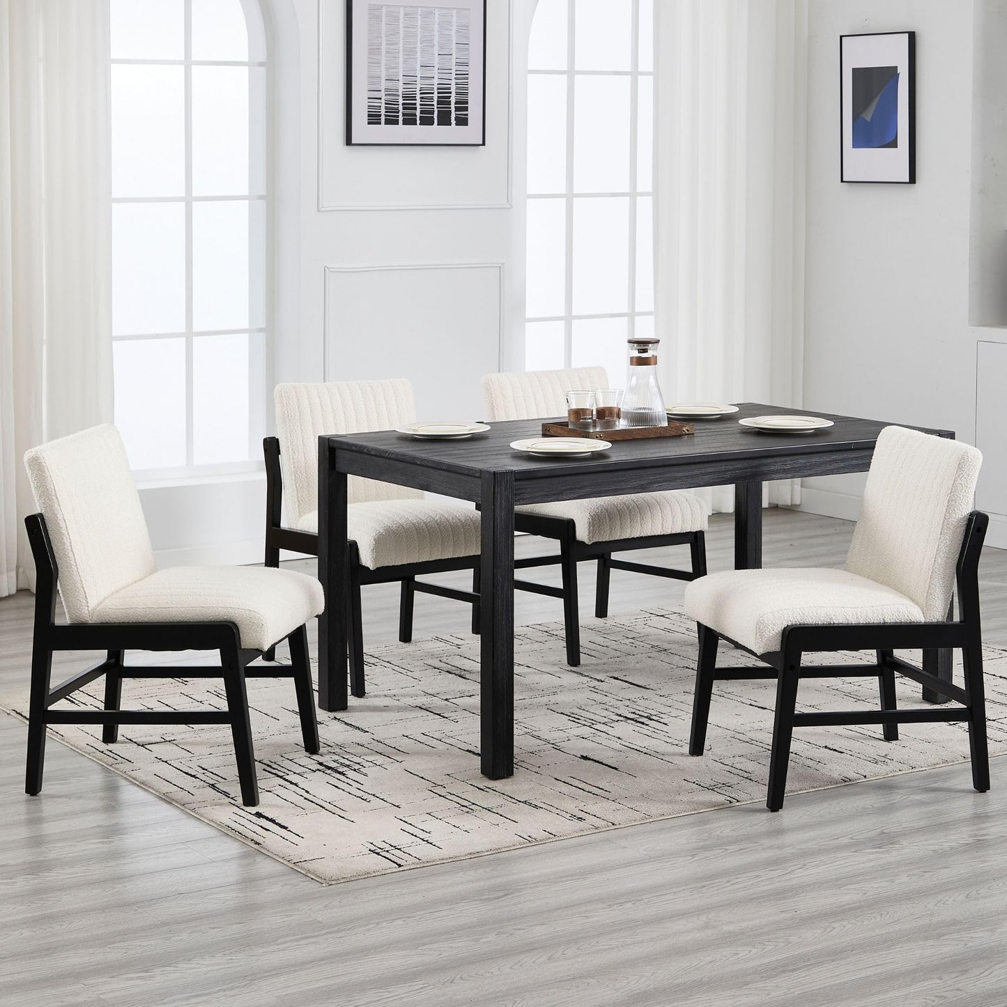 BESTANO Modern Upholstered Dining Chairs Set of 4, Kitchen Dining Room Chairs with Back Armless Accent Side Chairs for Living Room Bedroom Restaurant, Black Wood Leg/White Sherpa Boucle