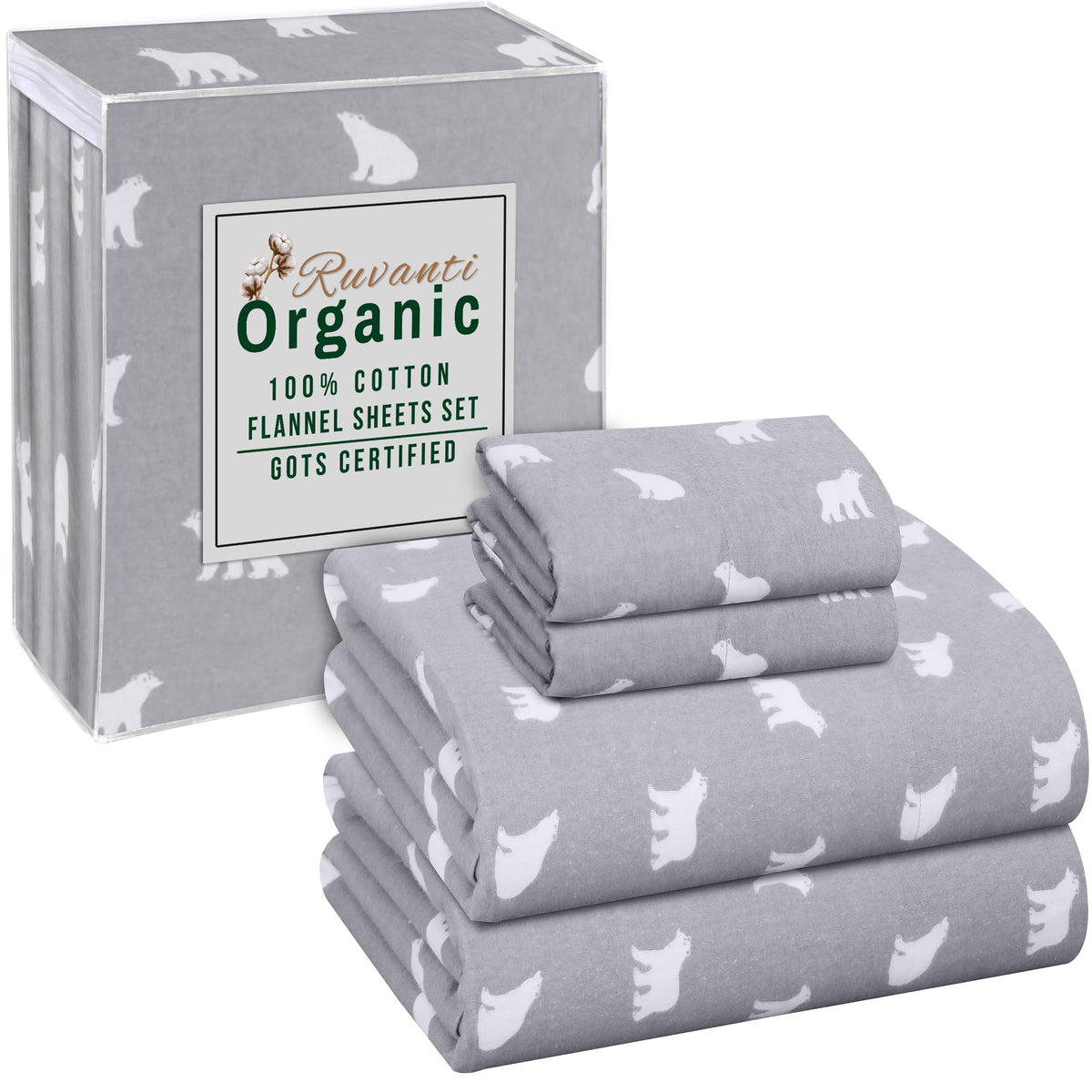 RUVANTI Organic Flannel Sheets Full Size - 100% Cotton Double Brushed Bed Sheet Set - Deep Pocket 16 Inches - All Seasons Breathable, Extra Soft, Warm & Cozy - 4 Pieces - Baby Bear