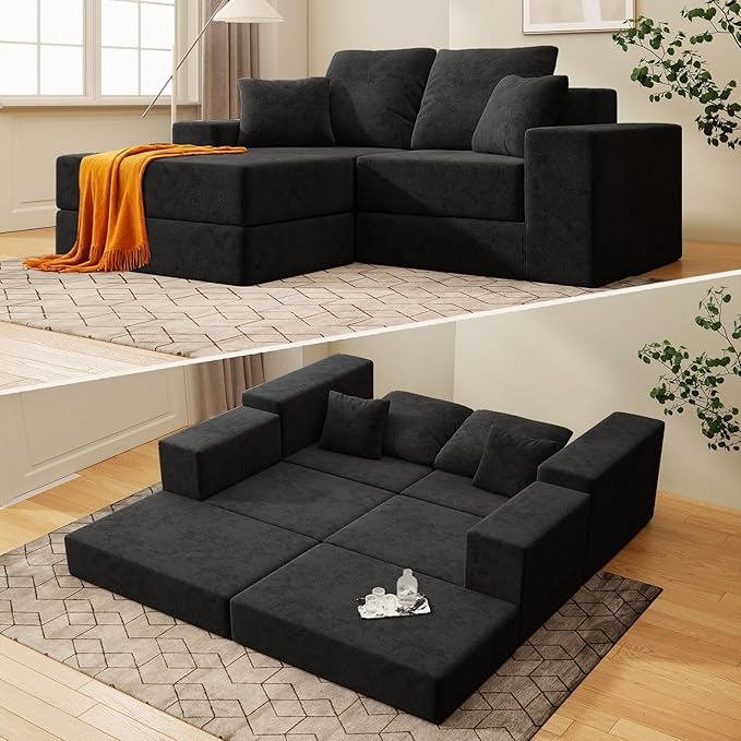 Cloud Modular Sectional Sofa, Comfy Boneless Couch for Living Room, Modern L-Shaped Couch with Reversible Chaise, Customizable Sleeper Sofa with Non Slip, No Assembly & Deep Seat, Black