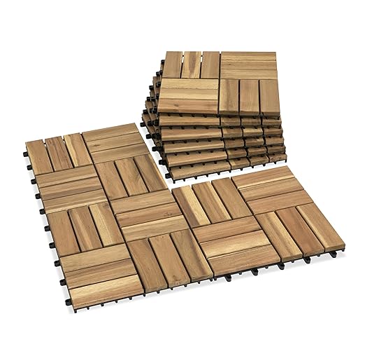 VICTORY RELAX Acacia Wood Decking Tiles 9PCS - Easy Snap Interlocking Deck Tiles for Patio Poolside Balcony Decor - All Weather Waterproof Flooring for Indoor & Outdoor (Round Joints)