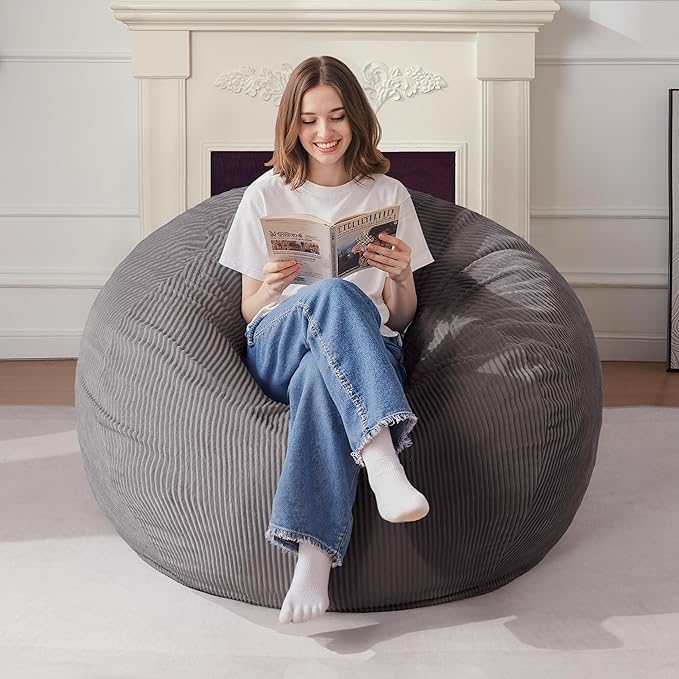 Homguava 4FT Bean Bag Chair for Adults,Teardrop Bean Bags Big Beanbag Chair with Memory Foam Filled and Ultra Soft Removable Corduroy Cover for Living Room, Bedroom (Grey)