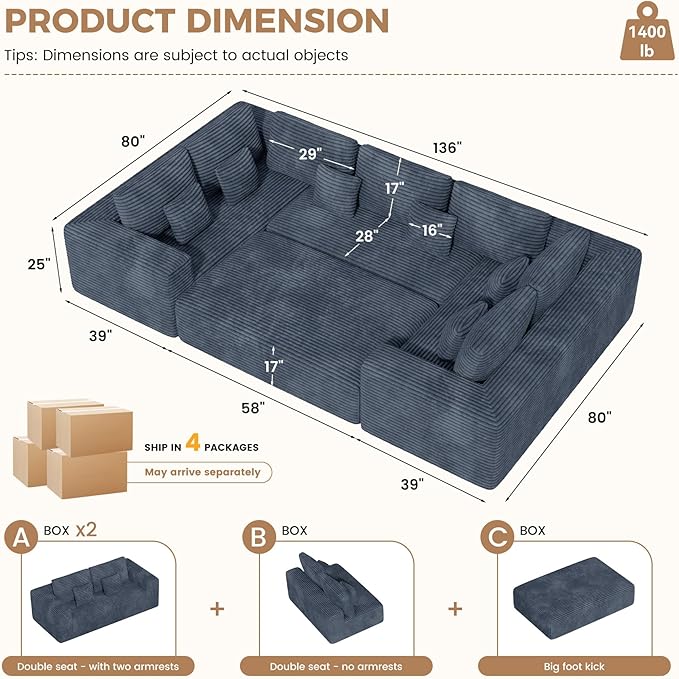 136'' Large Sectional Cloud Couches with Chaise, U Shaped Boneless Sofa Bed with Ottoman, No Assembly Required Deep Seat Modular Lounge for Living Room 4PCS Set, Bedroom(Grey)