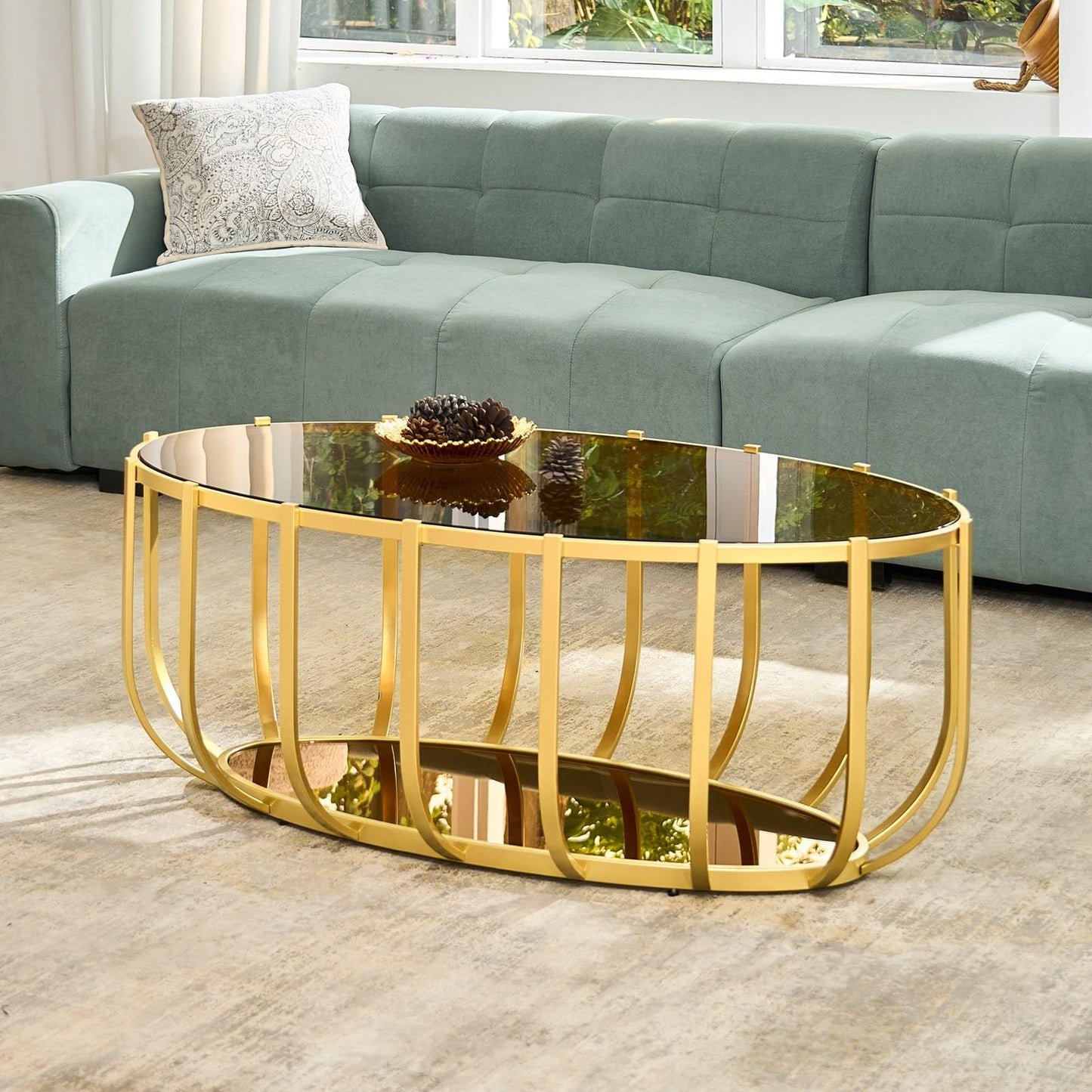 AGV LIGHTING Oval Glass Coffee Table with Gold Metal Frame, Modern Glam Glass Coffee Table, Amber Tempered Glass Top with Lower Mirrow Glass Shelf, Modern Gold Coffee Table for Living Room