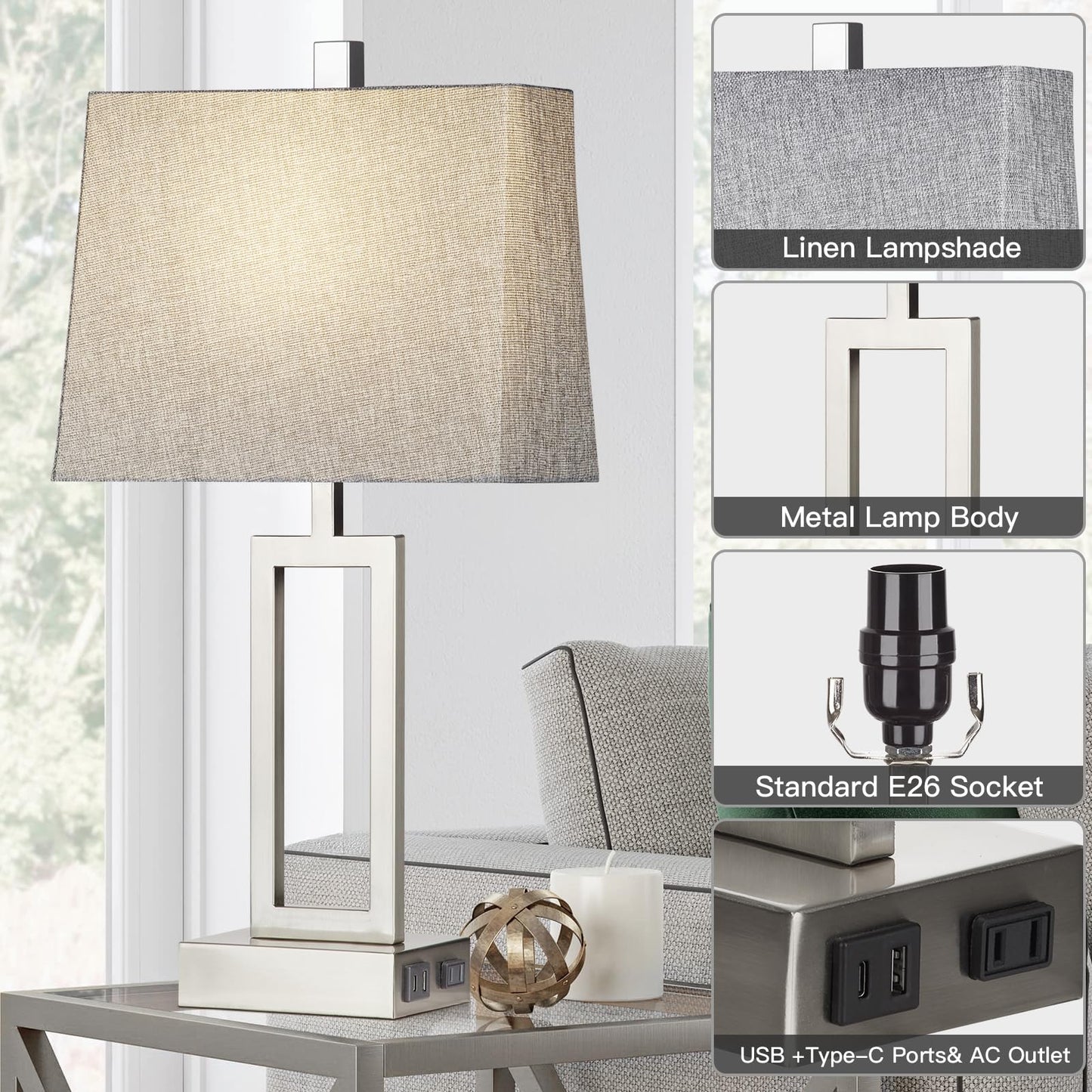 Rinweey Touch Control Table Lamps Set of 2, Modern Silver Bedside Lamps with USB A+C Ports & AC Outlet, 3 Way Dimmable Contemporary Nightstand Lamps for Bedroom Living Room(LED Bulb Included)