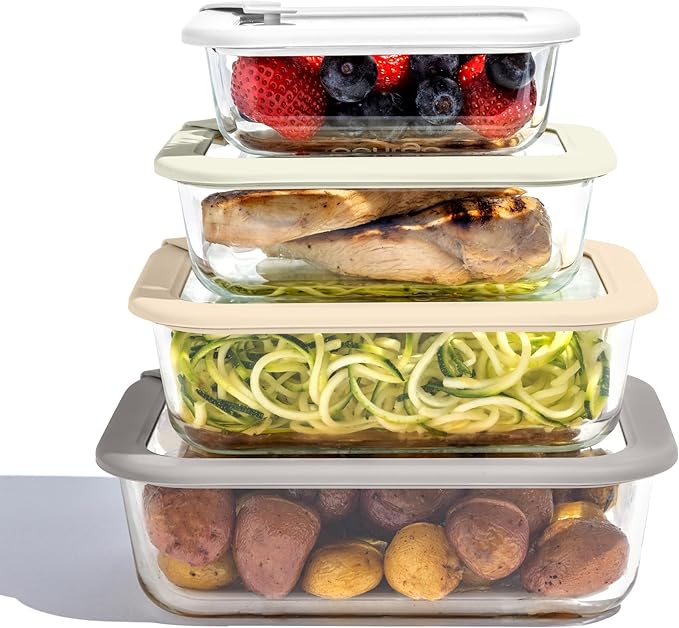 Bentgo Signature Leak-Proof Glass Food Storage - 8-Piece Set, 1-Compartment Plastic-Free Containers with Airtight Glass Lids, BPA-Free, Microwave, Freezer, Oven & Dishwasher Safe (White Stone)