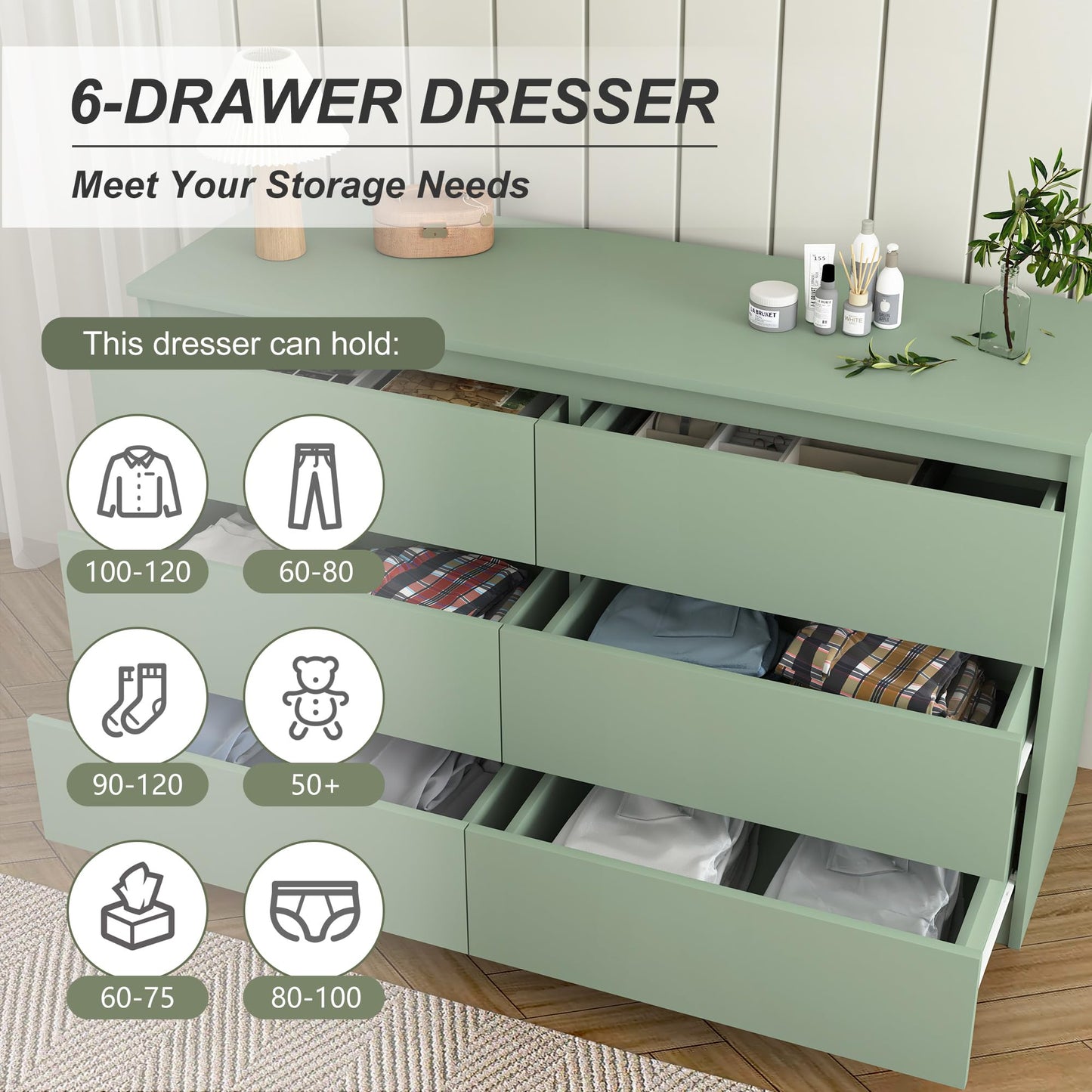 CIPACHO Green Dresser for Bedroom, Modern Large 6 Drawer Dresser with Deep Drawer,Wide Storage Chest of Drawers,TV Stand for Living Room