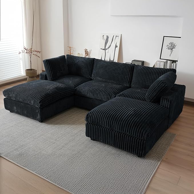 WJShome Cloud Couch Modular Sectional Sofa,118" Oversized U Shaped Couch with Ottoman,5 Seater Convertible Sofa,Comfy Plush Couches for Living Room,Covers Washable&Replaceable (Black)