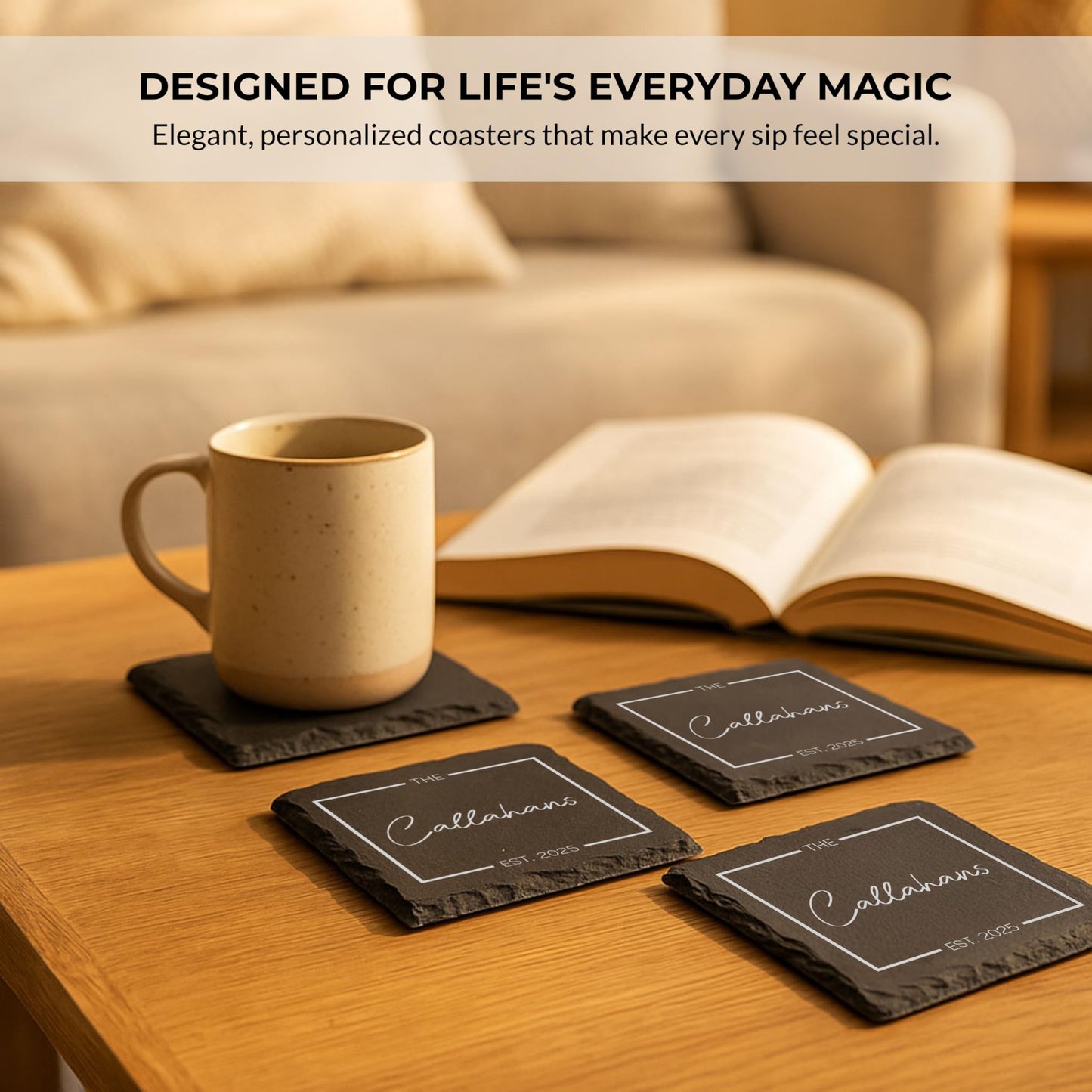 Custom Table Coasters for Drinks Set of 4 | Customized Name Engraved Square Slate Cup Coasters | Personalized Wedding Gifts for Couples 2025, Bridal Shower, Housewarming Gifts for Newlyweds