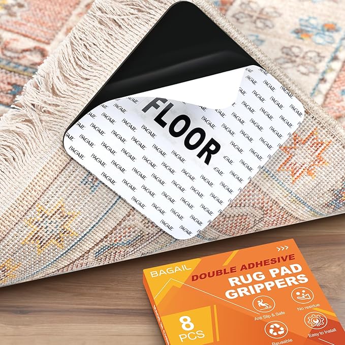 BAGAIL Rug Grippers 8 Pcs, Non-Slip Rug Corner Grips for Hardwood Floors & Tile, 4x4in Reusable Double-Sided Adhesive Carpet Tape to Prevent Sliding & Tripping Hazards for Pets, Kids, Family