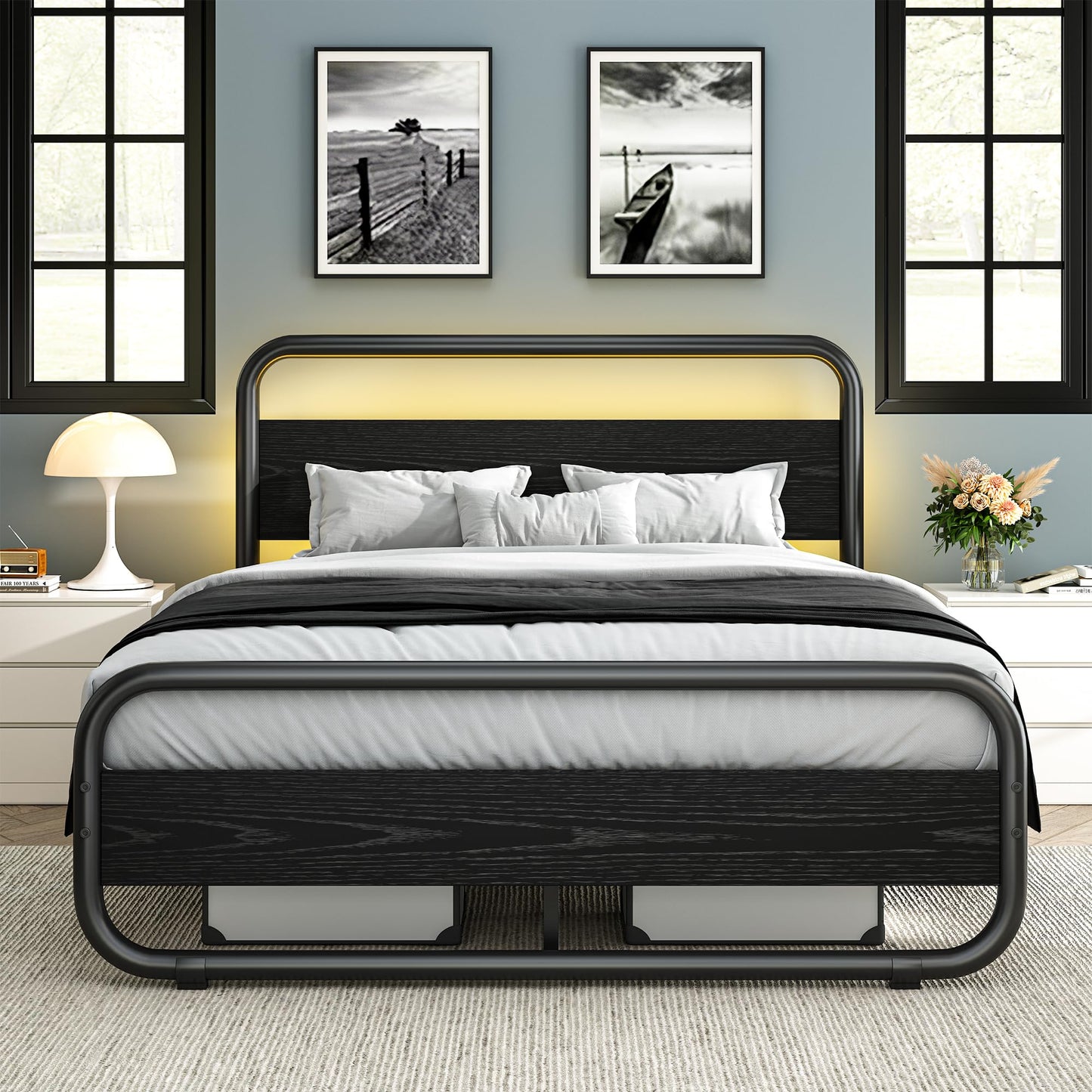 Catrimown Queen Bed Frame with Headboard LED Bed Frame Queen Size Heavy Duty Metal Rustic Bed Frame Queen Size Wood Platform Bed Frame Under Bed Storage Noise Free No Box Spring Needed (Black, Queen)
