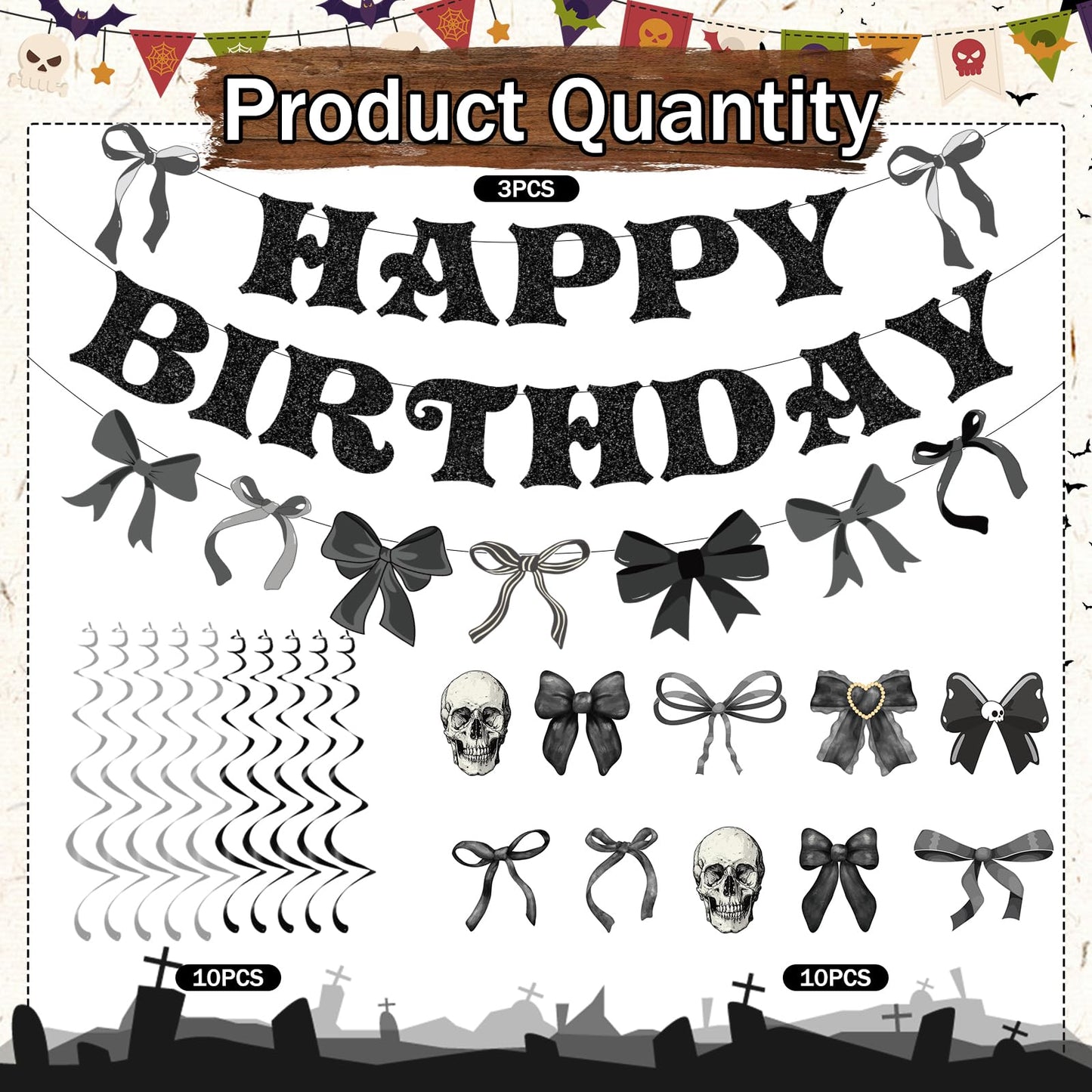 Lovarywow Black Bow Party Decorations - 13PCS Gothic Birthday Decorations Skull Skeleton Goth Party Supplies for Girls Women Black Bow Coquete Happy Birthday Banners Hanging Swirls