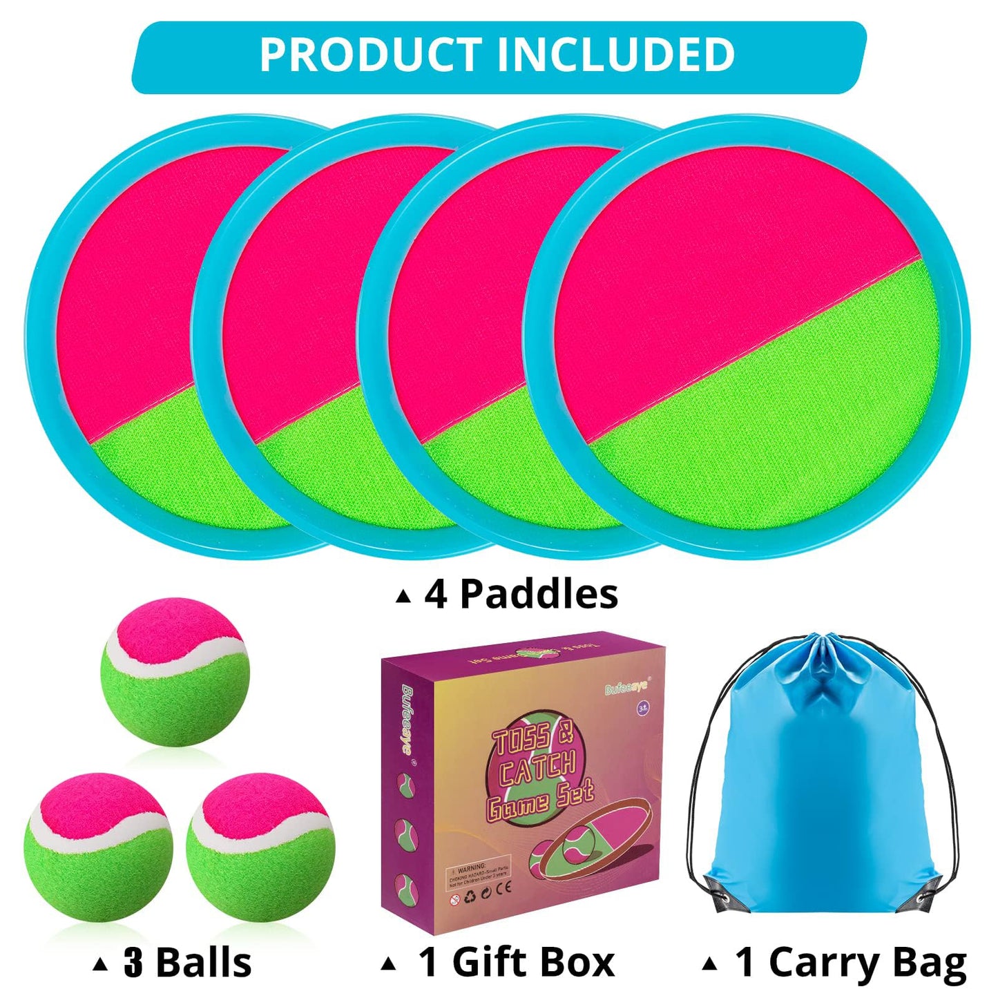 Outdoor Games for Kids - Outside Toys for Kids Ages 4-8, Toss and Catch Ball Set, with 4 Paddles 3 Balls, and 1 Storage Bag, Yard Games Boys Girls Birthday Gifts New Year Gifts- 4 Blue