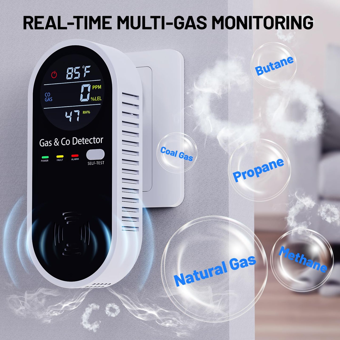 Gas and Carbon Monoxide Detectors Plug in, 4-in-1 Portable CO & Natural Gas Leak Detector with Temperature & Humidity Display for Home, Hotel, RV & Travel