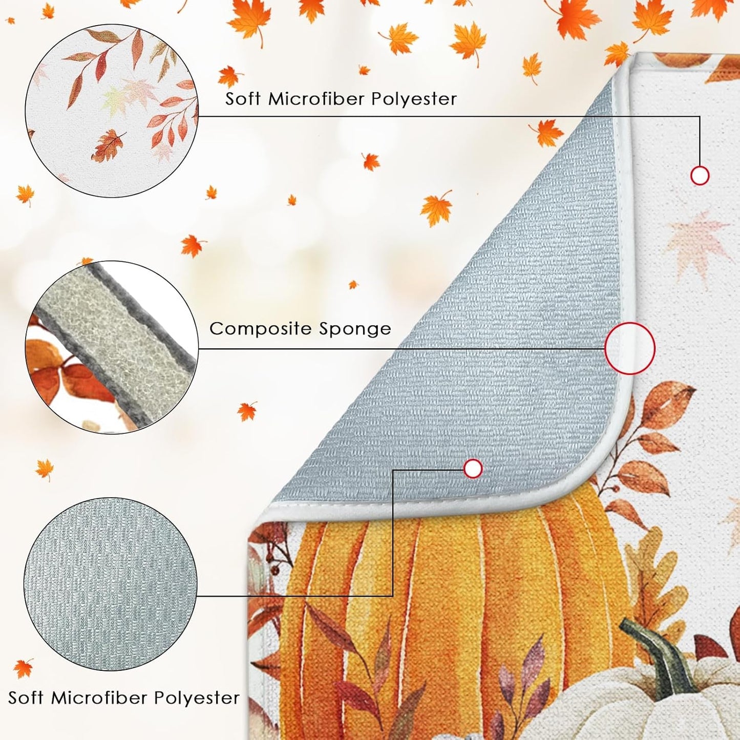 Sanwarm Autumn Orange White Pumpkin Absorbent Dish Drying Mat,Fall Leaves Thanksgiving Microfiber Pad for Kitchen Counter, Coffee Bar Decor, Heat Resistant and Reversible,16" x 18"