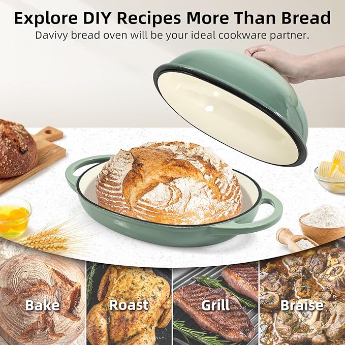 Davivy 6QT Oval Cast Iron Bread Oven with Domed Lid, Dutch Oven for Sourdough Bread, 6QT Bread Cloche Dutch Oven Sourdough Baking Pan with Lid - Sea Salt Green