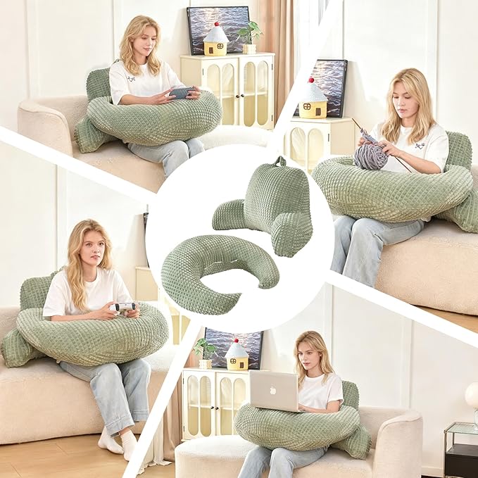 PAJEO Reading Pillow for Bed,U Shaped & Back Support Pillow for Bed,19" Backrest with Lumbar & Arm Support,Comfy Flannel Fabric,Lap Pillow for Gaming/Reading/Watching TV,Green