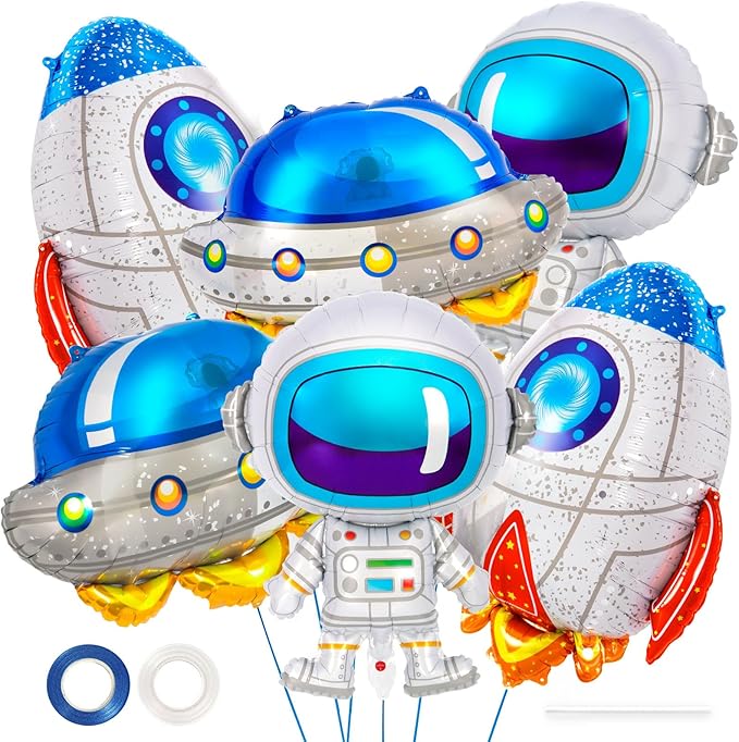 6 Pcs Space Balloons,Astronaut UFO Rocket Foil Balloons for Kids,Universe Party Decorations,Outer Space Balloon for Baby S...